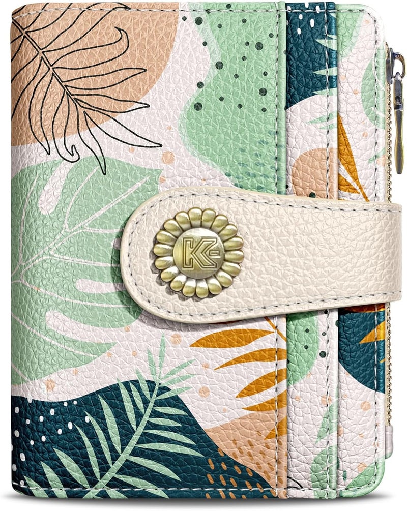 Kelvoris Boho Leafs Abstract Art Small Rfid Women Wallet Bifold Zipper Coin Pocket PU Leather Compact Cash Credit Card Holder Travel Wallet for Female Ladies Teen Girls 1 ID Window 10 Card Slots - Image 1
